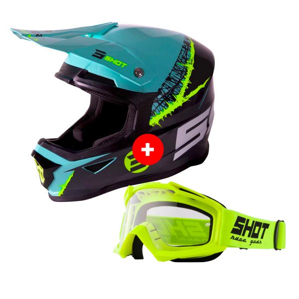 Motocross SHOT Furious Storm Grey Green Neon Yellow Glossy + Assault Neon Yellow