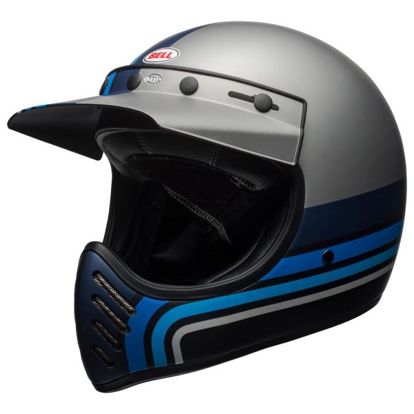 Motocross Bell Moto-3 Matte Silver Black Blue Stripes