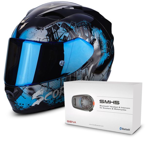 Helmet Scorpion Exo 1200 Tenebris Black Sky Blue Motorcycle Fullface with Sun 