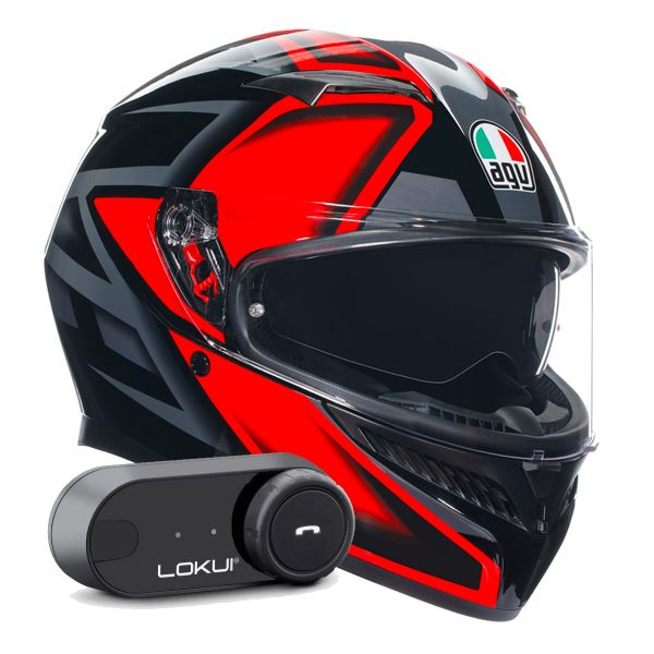 Full Face AGV K3 Multi Compound Black Red + Kit Bluetooth Lokui K30