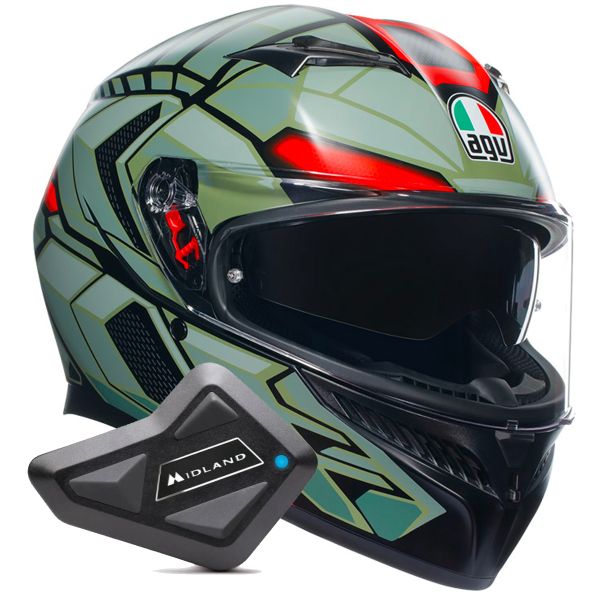 Full Face AGV K3 Multi Decept Matt Black Green Red + Kit Bluetooth BT Mini