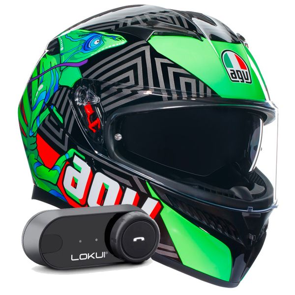 Full Face AGV K3 Multi Kameleon Black Red Green + Kit Bluetooth Lokui K30