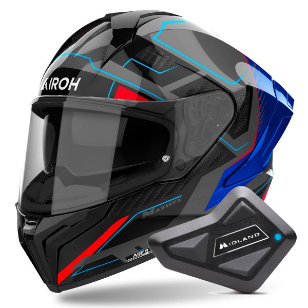 Full Face Airoh Matryx Rocket Blue Red + Kit Bluetooth BT Mini