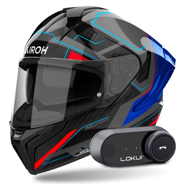 Full Face Airoh Matryx Rocket Blue Red + Kit Bluetooth Lokui K30