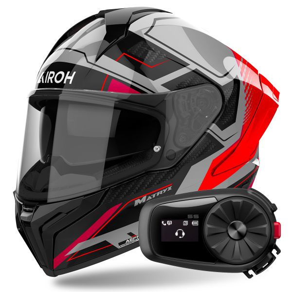 Full Face Airoh Matryx Rocket Red Fluo + Kit Bluetooth 5S Solo