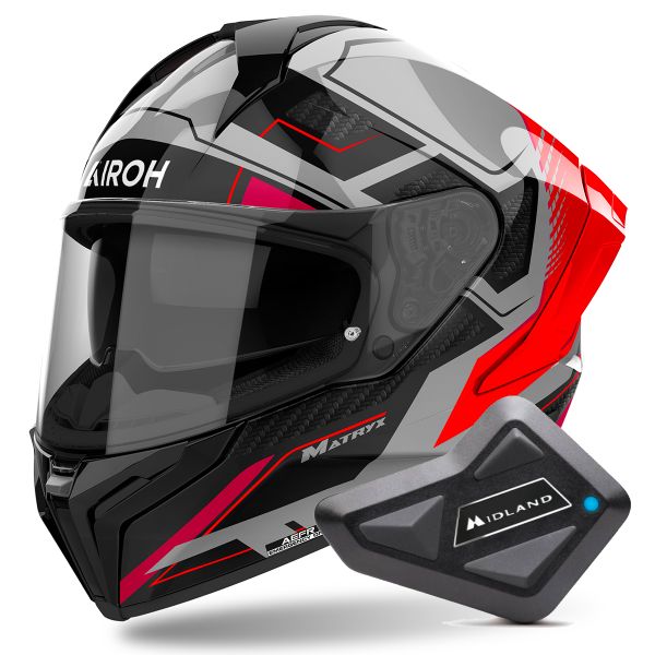 Full Face Airoh Matryx Rocket Red Fluo + Kit Bluetooth BT Mini