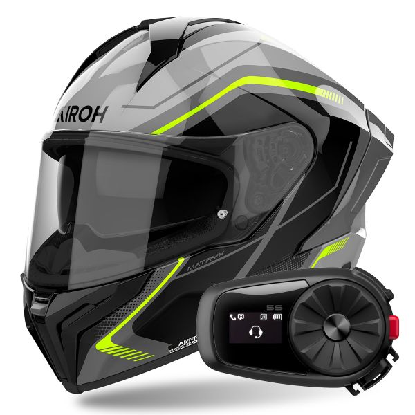 Full Face Airoh Matryx Wide Yellow + Kit Bluetooth 5S Solo