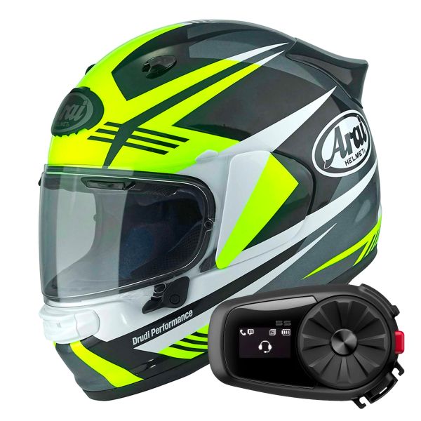 Full Face Arai Quantic Mark Yellow White Black + Kit Bluetooth 5S Solo Full Face Arai Quantic Mark Yellow White Black + Kit Bluetooth 5S Solo