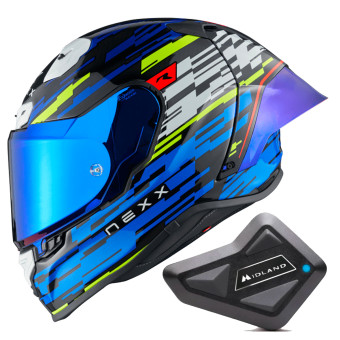 Full Face Nexx X.R3R Glitch Racer Blue Neon + Kit Bluetooth BT Mini
