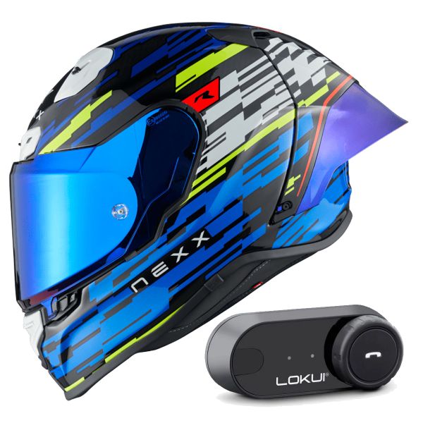 Full Face Nexx X.R3R Glitch Racer Blue Neon + Kit Bluetooth Lokui K30