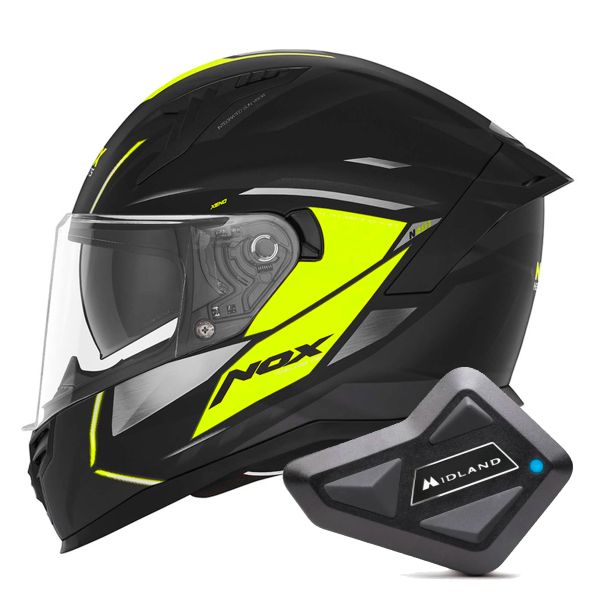 Full Face NOX N401 Xeno Matt Black Neon Yellow + Kit Bluetooth BT Mini