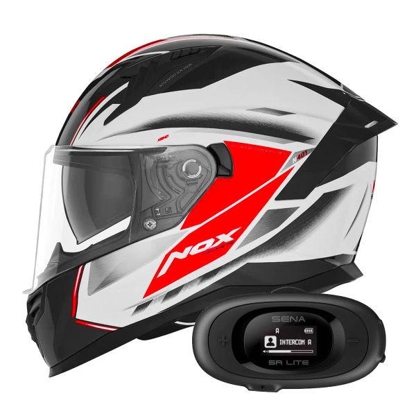 Full Face NOX N401 Xeno White Red + Kit bluetooth 5R Lite Solo