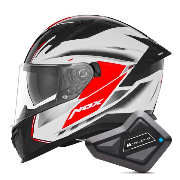 Full Face NOX N401 Xeno White Red + Kit Bluetooth BT Mini