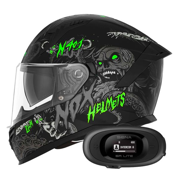 Full Face NOX N401 Zumbi Matt Black Neon Green + Kit bluetooth 5R Lite Solo