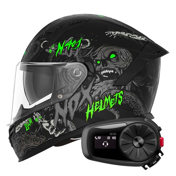 Full Face NOX N401 Zumbi Matt Black Neon Green + Kit Bluetooth 5S Solo