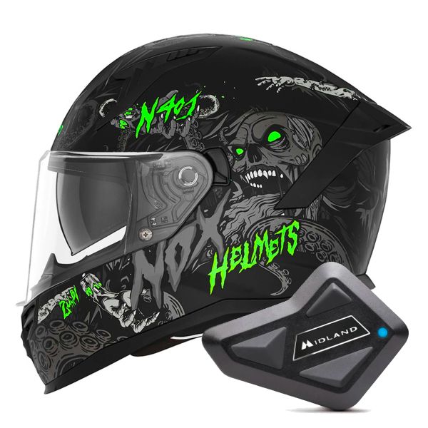 Full Face NOX N401 Zumbi Matt Black Neon Green + Kit Bluetooth BT Mini