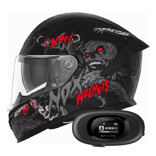 Full Face NOX N401 Zumbi Matt Black Red + Kit bluetooth 5R Lite Solo