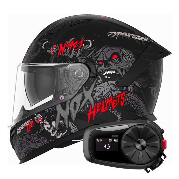 Full Face NOX N401 Zumbi Matt Black Red + Kit Bluetooth 5S Solo