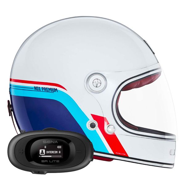 Full Face NOX Revenge Strobe Pearl White Blue Red + Kit bluetooth 5R Lite