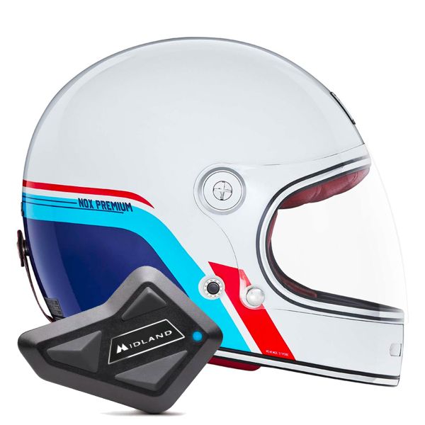 Full Face NOX Revenge Strobe Pearl White Blue Red + Kit Bluetooth BT Mini
