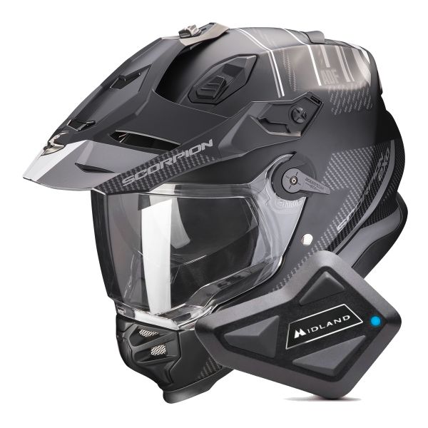 Full Face Scorpion ADF 9000 Air Desert Matt Black Silver + Kit Bluetooth BT Mini