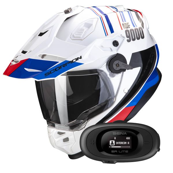 Full Face Scorpion ADF 9000 Air Desert White Blue Red + Kit bluetooth 5R Lite