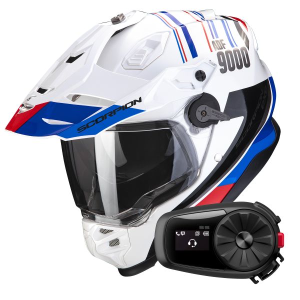 Full Face Scorpion ADF 9000 Air Desert White Blue Red + Kit Bluetooth 5S