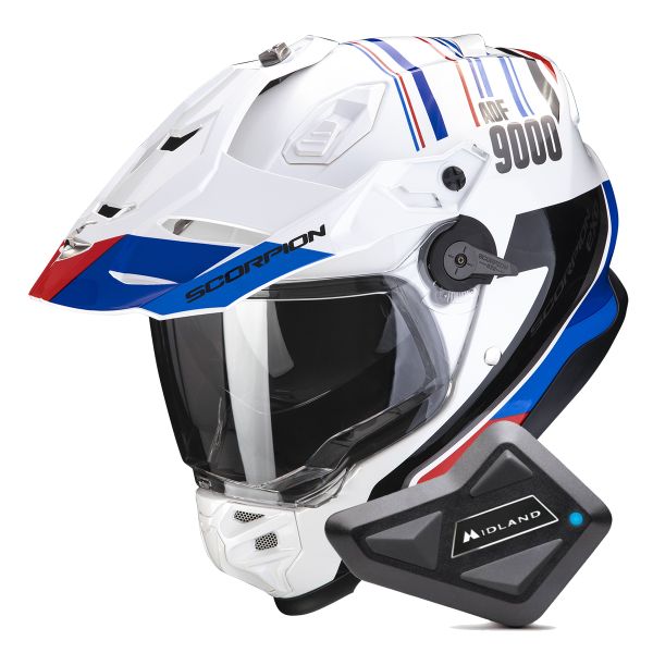 Full Face Scorpion ADF 9000 Air Desert White Blue Red + Kit Bluetooth BT Mini