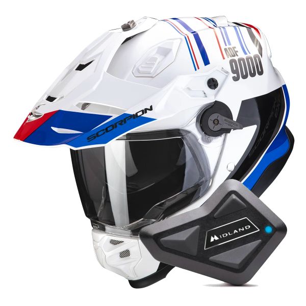 Full Face Scorpion ADF 9000 Air Desert White Blue Red + Kit Bluetooth BT Mini