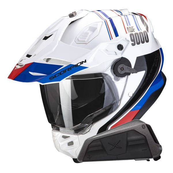 Full Face Scorpion ADF 9000 Air Desert White Blue Red + Kit bluetooth Exo-Com Link-1