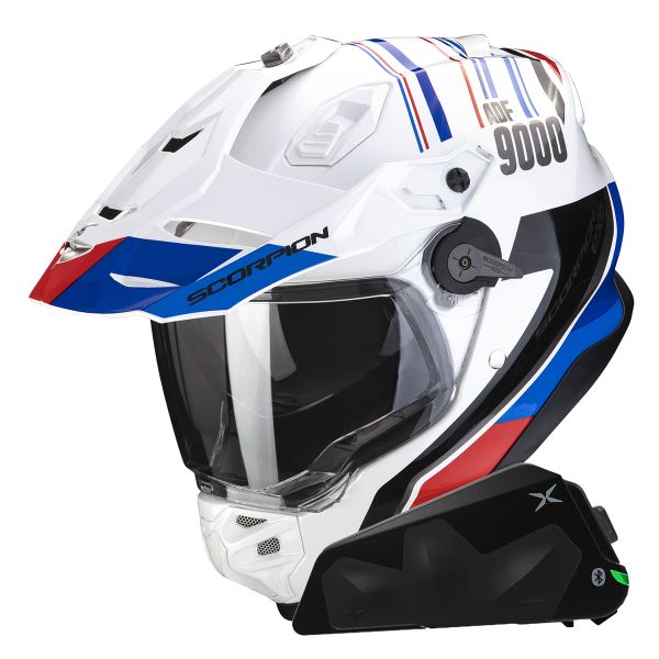 Full Face Scorpion ADF 9000 Air Desert White Blue Red + Kit bluetooth Exo-Com Link-1C
