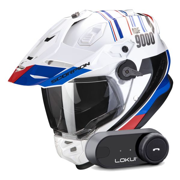 Full Face Scorpion ADF 9000 Air Desert White Blue Red + Kit Bluetooth Lokui K30