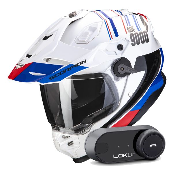 Full Face Scorpion ADF 9000 Air Desert White Blue Red + Kit Bluetooth Lokui K30