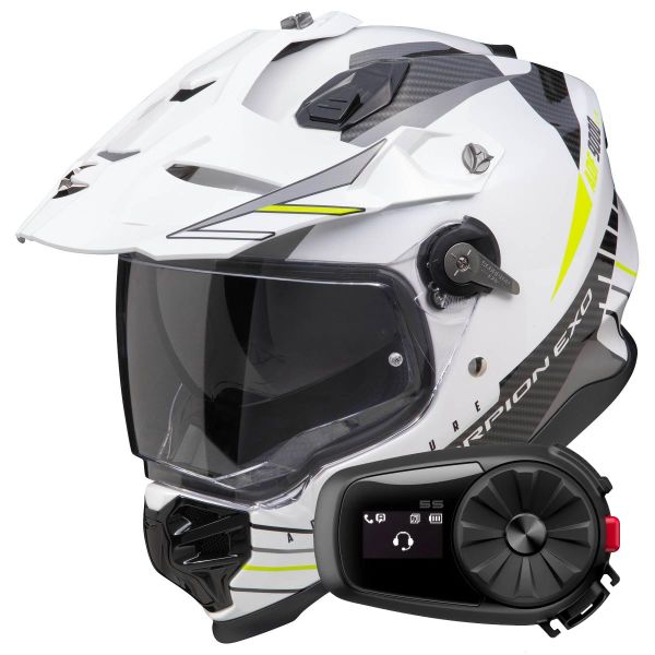 Full Face Scorpion ADF 9000 Air Feat White Black Yellow fluo + Kit bluetooth 5R Lite Solo