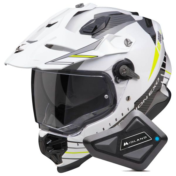 Full Face Scorpion ADF 9000 Air Feat White Black Yellow fluo + Kit Bluetooth BT Mini