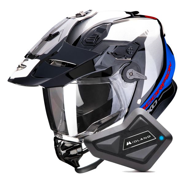 Full Face Scorpion ADF 9000 Air Trail Black Blue White + Kit Bluetooth BT Mini