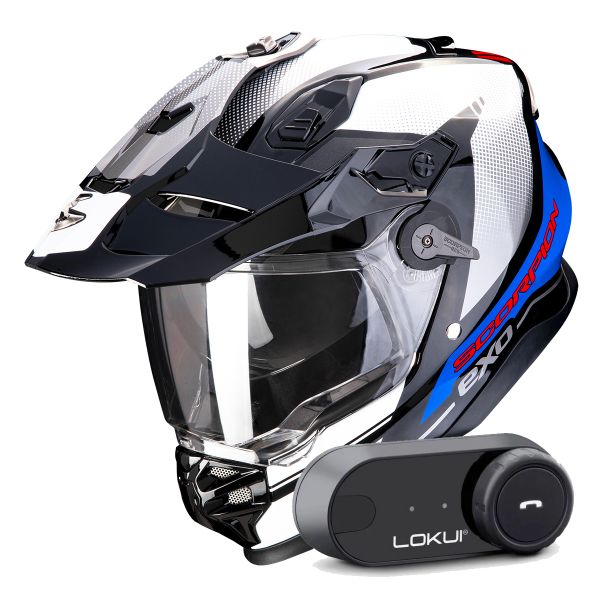 Full Face Scorpion ADF 9000 Air Trail Black Blue White + Kit Bluetooth Lokui K30