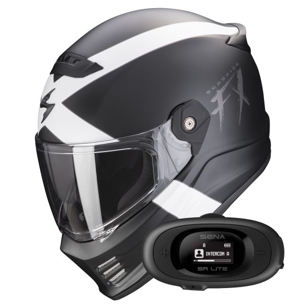 Full Face Scorpion Covert FX Gallus Matt Black White + Kit bluetooth 5R Lite