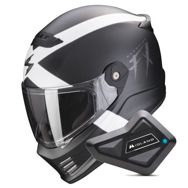 Full Face Scorpion Covert FX Gallus Matt Black White + Kit Bluetooth BT Mini