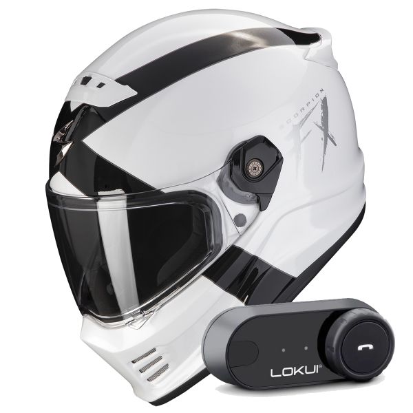 Full Face Scorpion Covert FX Gallus White Black + Kit Bluetooth Lokui K30
