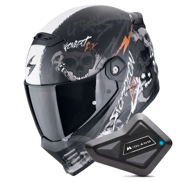 Full Face Scorpion Covert FX Skullz Black Grey Red + Kit Bluetooth BT Mini