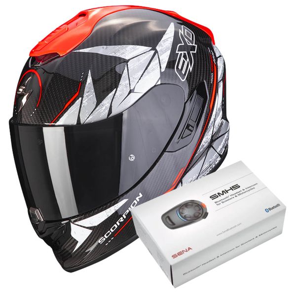 Full Face Scorpion Exo 1400 Air Carbon Air Aranea Black Red Fluo + Kit Bluetooth SMH5