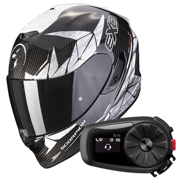 Full Face Scorpion Exo 1400 Air Carbon Air Aranea Black White + Kit Bluetooth 5S