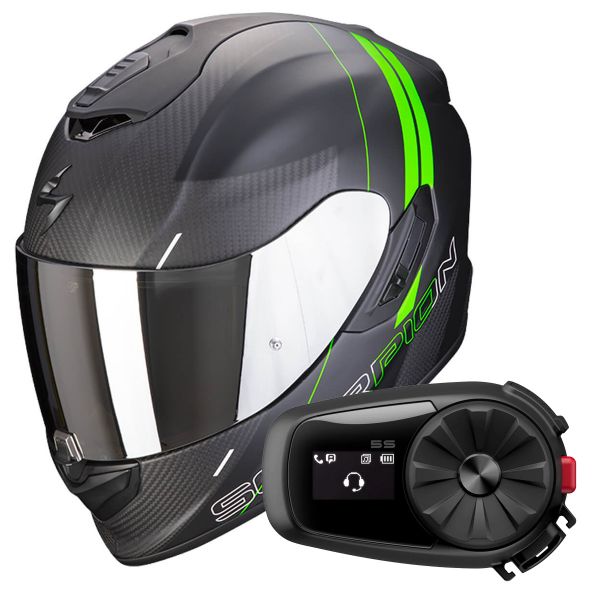 Full Face Scorpion Exo 1400 Air Carbon Air Drik Matt Black Green + Kit Bluetooth 5S