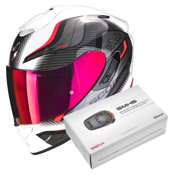 Full Face Scorpion Exo 1400 Evo Air Attune White Red + Intercom Sena SMH5