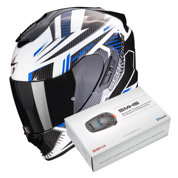 Full Face Scorpion Exo 1400 Evo Air Shell White Blue + Intercom Sena SMH5