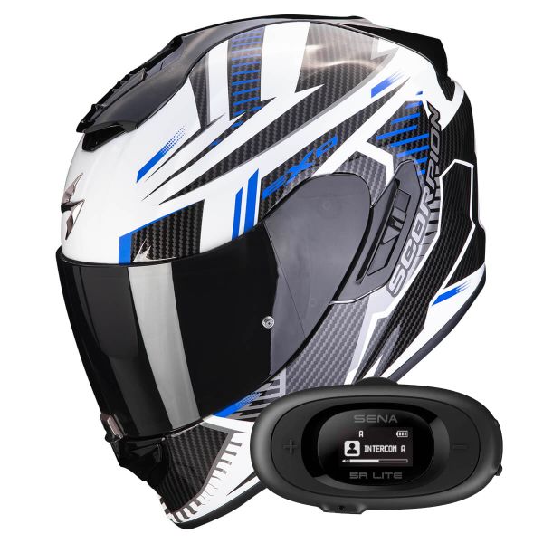 Full Face Scorpion Exo 1400 Evo Air Shell White Blue + Kit bluetooth 5R Lite
