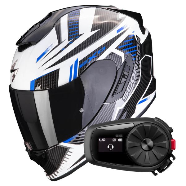 Full Face Scorpion Exo 1400 Evo Air Shell White Blue + Kit Bluetooth 5S