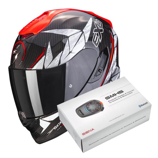 Full Face Scorpion Exo 1400 Evo Carbon Air Aranea Black Neon Red + Intercom Sena SMH5