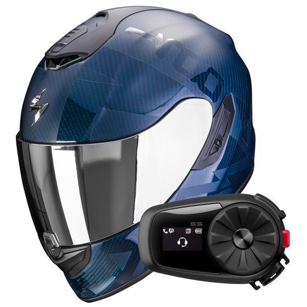 Full Face Scorpion Exo 1400 Evo Carbon Air Cerebro Blue + Kit Bluetooth 5S
